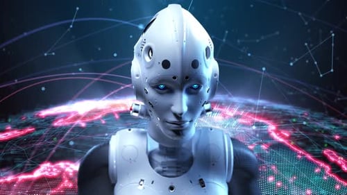 das Gesicht eines weiblichen Roboters. Angry Look digitaler Hintergrund