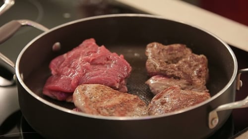 Juicy Steak Sizzling in a Pan