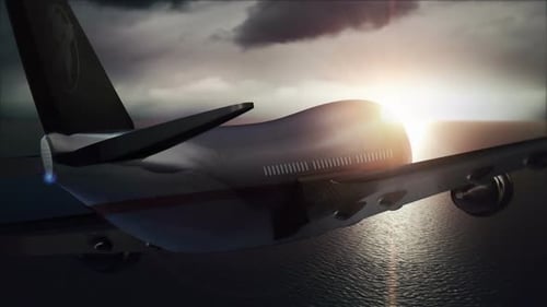 Passagierflugzeuge fliegen gegen den Sonnenuntergang