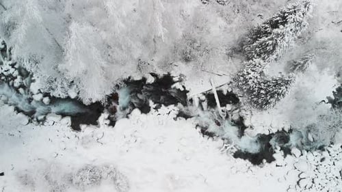 River in the Winter Snow Forest in the Mountains