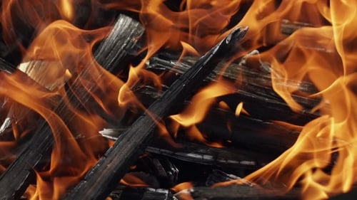 Intense Fire Engulfs Charred Wood in Close-Up