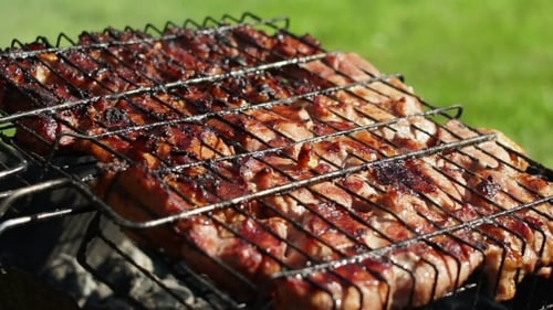 Delicious Meat Grilling Over Hot Coals Outdoors