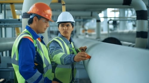 Arbeiter messen eine Röhre mit einem Maßband. Industrieller Hintergrund mit Gasleitung