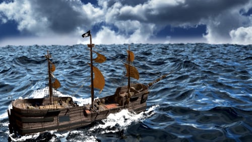 Stylized Pirate Ship Sailing Animation on Choppy Blue Ocean Waves