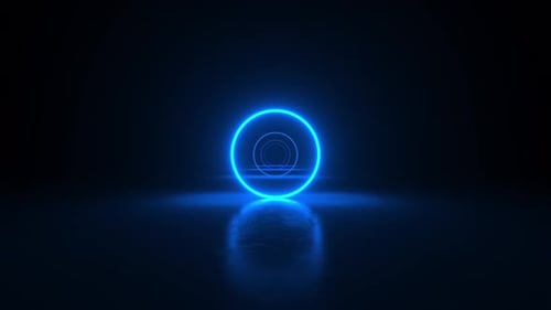Circles neon blue light in black hall room