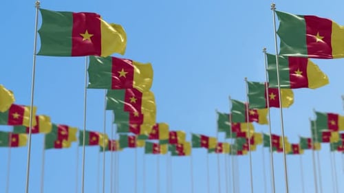 Cameroon National Flags Waving Against a Clear Blue Sky