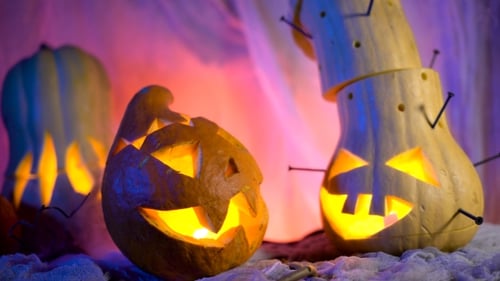 Evil Pumpkin In Night Light Glow, Vapor Or Mist Flowing Around