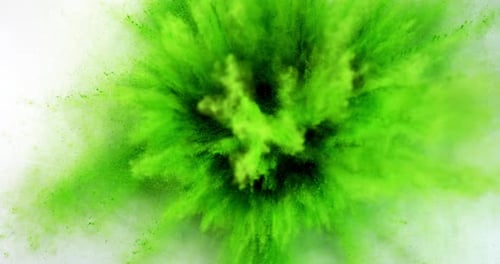 Polvo Holi verde explotando sobre fondo blanco, cámara lenta 4K