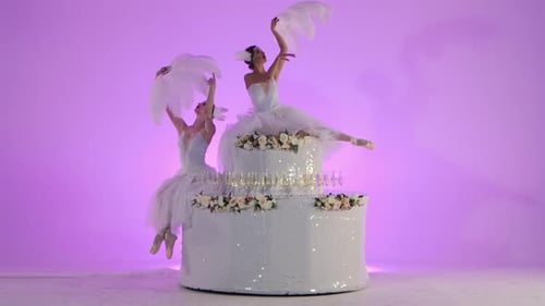 Ballerines féminines délicates dans un costume de cygne blanc posant sur un gâteau décoré de fleurs