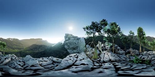 Vr 360 Luftbildkamera bewegt sich über Felsen in Bergen. Bereit für VR
