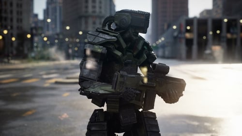 Futuristic Robotic Soldiers Patrol Urban Street