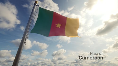 Realistic Cameroon Flag Waving on Flagpole with Blue Sky