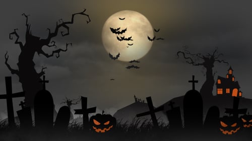 Spooky Halloween Graveyard Background with Flying Bats