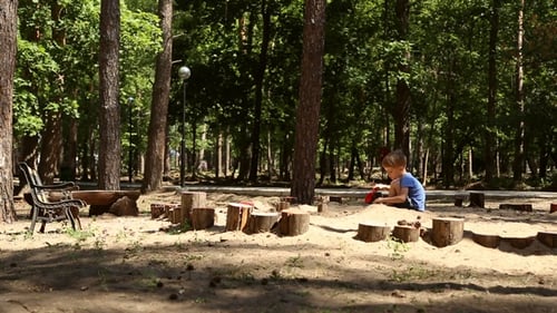 Child Plays in a Sand Pit at Park