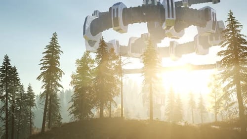 UFO Hovering Over a Forest at Sunset with Light Beam