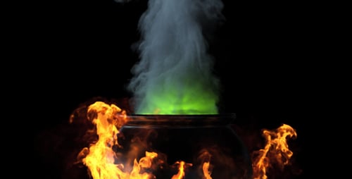 Halloween Cauldron Animation with Bubbling Potion, Fire, and Smoke