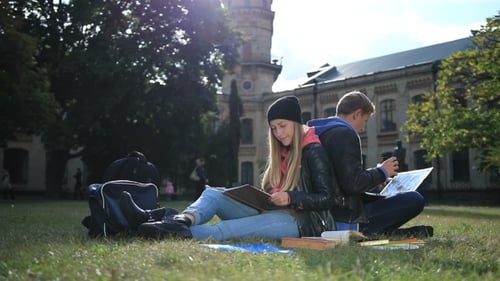 Young Student Couple Studying In The Park Lawn