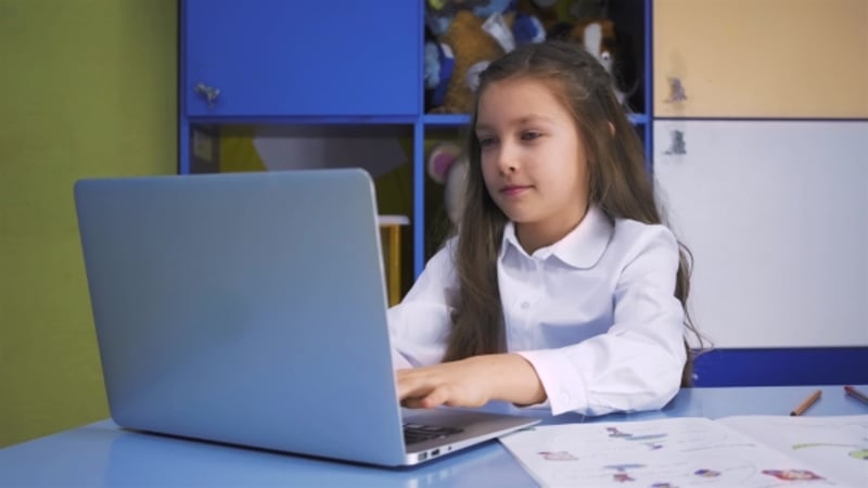 Focused Caucasian Little Girls Children Study Laptop Computer Inside ...