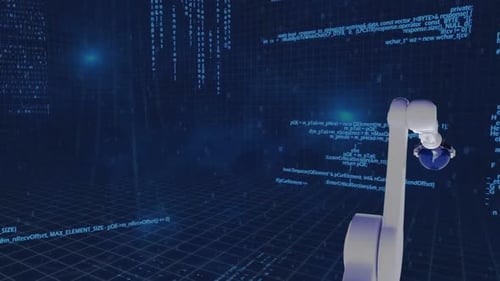 Robotic Arm Holding Globe in Futuristic Digital World