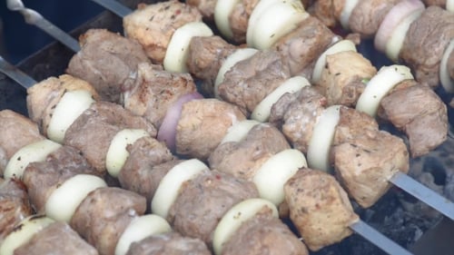 Cooking Meat and Onions on Barbecue Grill