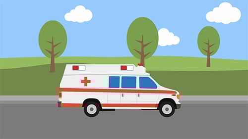 Flat Design Animated Ambulance Driving on Road