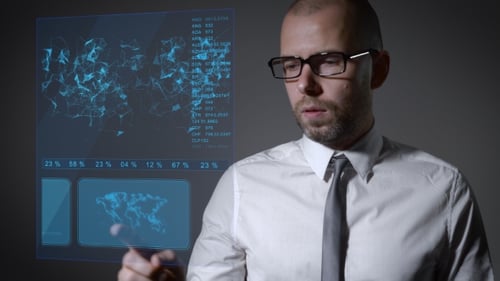 Future Work With Finance And Economy. Businessman Working With An Interactive Holographic Screen.