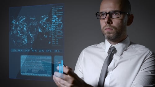 Man Interacts with Futuristic Data Display