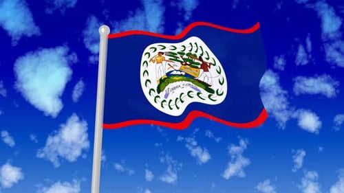 Belize National Flag Waving Animation on Blue Sky