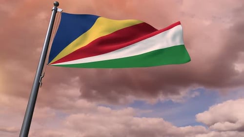 Seychelles Flag Waving Animated in Cloudy Sky