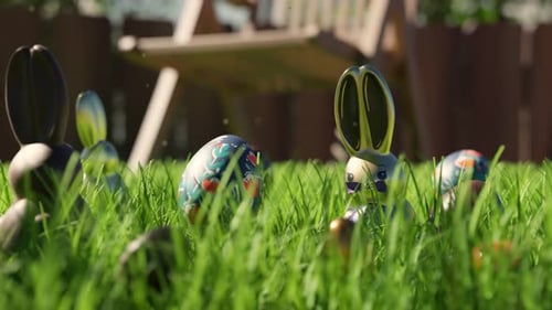 Ostereiersuche. Süße Schokoladenhasen und Eier sind im grünen Gras versteckt.