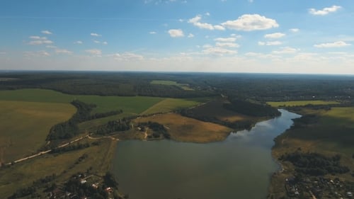 Aerial View. Landscape Of The Field, Lake.