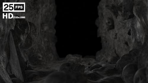 Dark Spooky Cave Entrance with Human Skulls Loop
