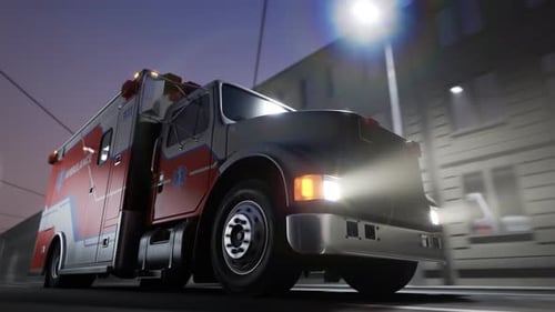 An ambulance truck driving through a night city. Red signal lights blinking 4KHD