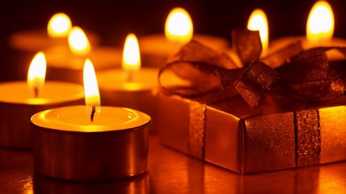 Burning Candles with Gold Gift Box Decoration