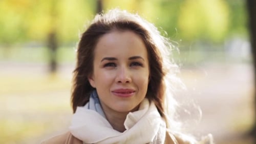 Beautiful Happy Young Woman Smiling In Autumn Park 9