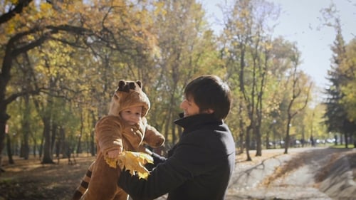 Happy Family Dad Throws Child Son Up On a Walk In The Autumn Leaf Fall In Park.