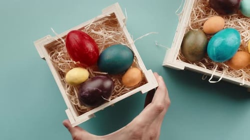 Painted Easter Eggs in a Wooden Box
