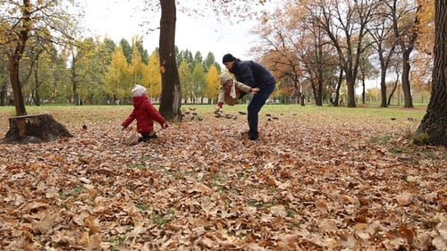 Father and Children Playing in Autumn Park