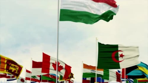 Hungary Flag Waving with International Flags Background
