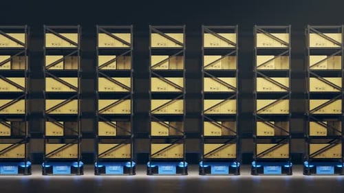 Warehouse industry autonomic robots carrying metal shelves with cardboard boxes.