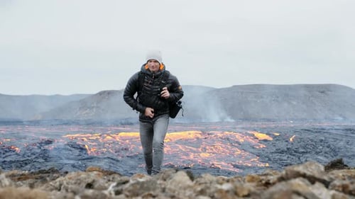 Man Hikes Near Lava Flow, Iceland
