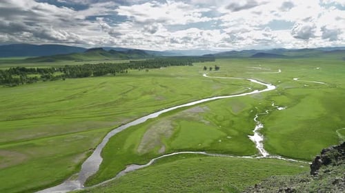 Vast Meadow and River in Central Asia Geography