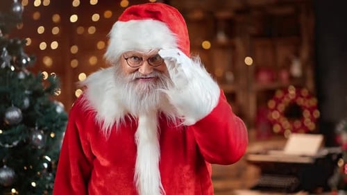 Man in Santa Claus Costume Smiling Posing at Christmas Tree