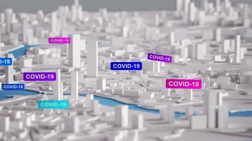 Covid-19 Corona Virus Spreading Across City. 3D Aerial View Miniature City Buildings