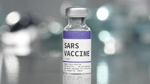 SARS Vaccine Vial on Reflective Surface