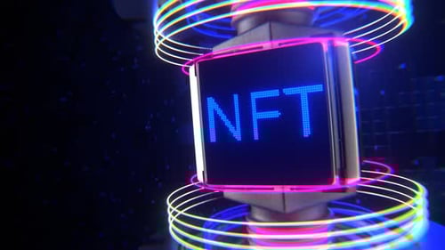 NFT Concept on Rotating Digital Cube with Futuristic Neon Rings