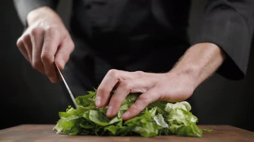 Cutting a Lot of Green Lettuce for Salad on the Wooden Table on Black Background