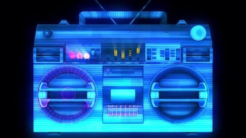 Neon Retro Boombox Equalizer with Futuristic Glitch Effect