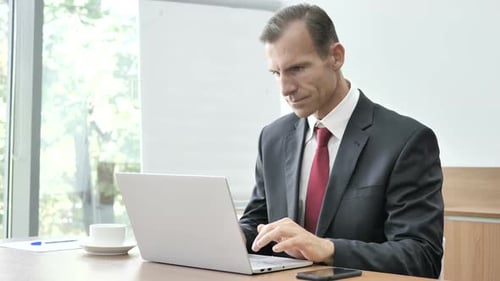 Excited Man Works on Laptop in Bright Office