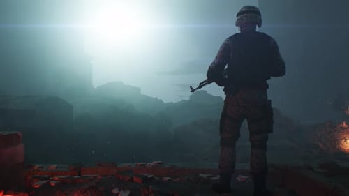 Soldier with Machine Gun in Ruins